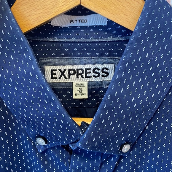 🦃 Express men fitted polka dot navy blue medium 15 button down dress shirt - Picture 3 of 5
